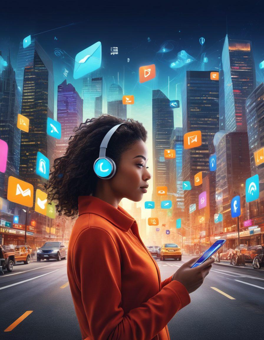 A dynamic scene depicting diverse individuals engaged with their devices, showcasing various notifications popping up around them. Include vibrant icons representing different types of alerts (like messages, emails, and social media) swirling in a modern, tech-savvy environment. The background can feature a cityscape to emphasize connectivity and real-time communication. Create a sense of energy and immediacy. super-realistic. vibrant colors. digital art.