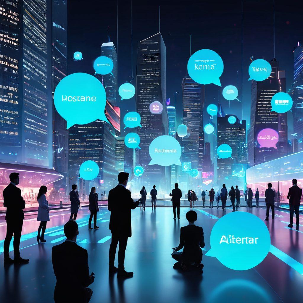 A futuristic cityscape showcasing diverse people communicating through holographic messages, with vibrant notification icons glowing around them. Integrate symbols of various messaging services like chat bubbles and notification alerts, elegantly blending with the architecture. Use a blue-toned color palette to convey a high-tech ambiance. super-realistic. vibrant colors. 3D.